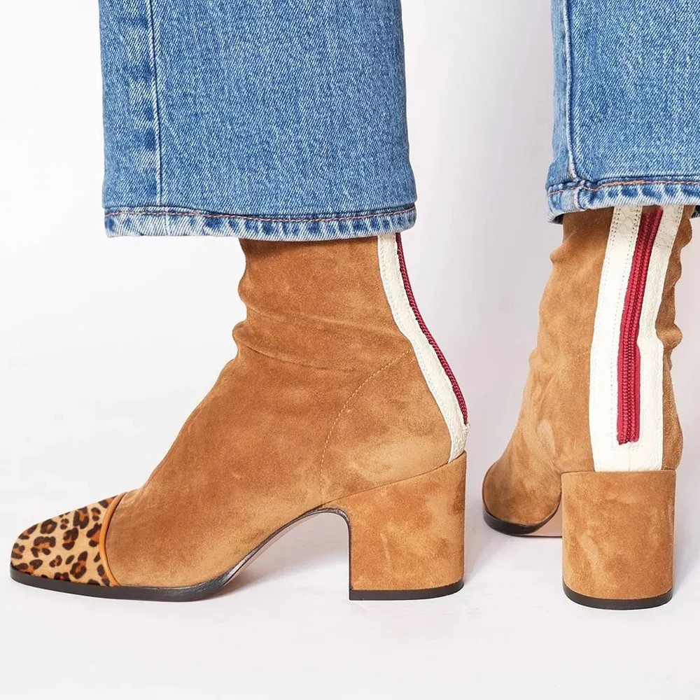 Women'S Shoes Yellow - Patchwork Süet Leopar Kare Burunlu Bilek