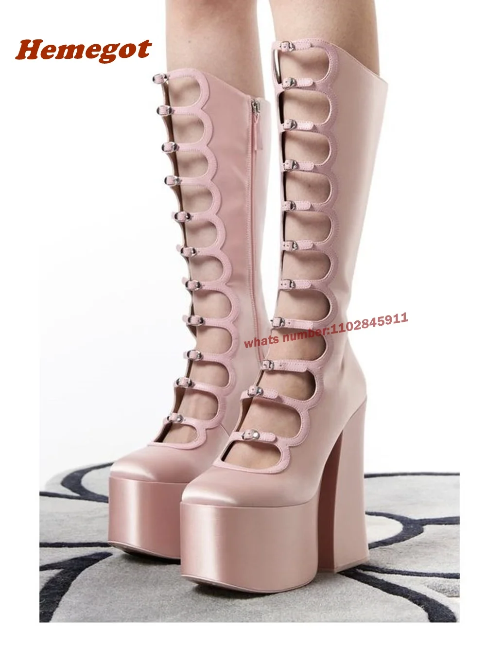 Women Shoes Boots - Pembe Kalın Tabanlı Oyuklu Botlar Yan