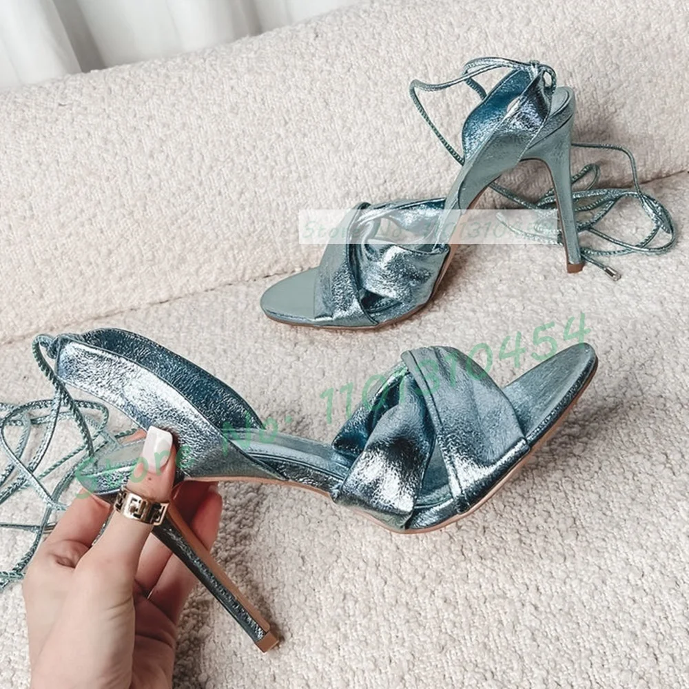Metallic Heel Sandal - Metalik mavi Wrap topuklu sandalet kadınlar