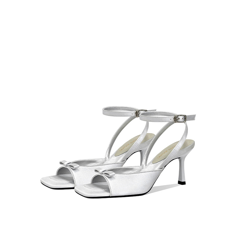 Metallic Heel Sandal - Kadın Siyah/Gümüş Metalik Burnu açık Ayak