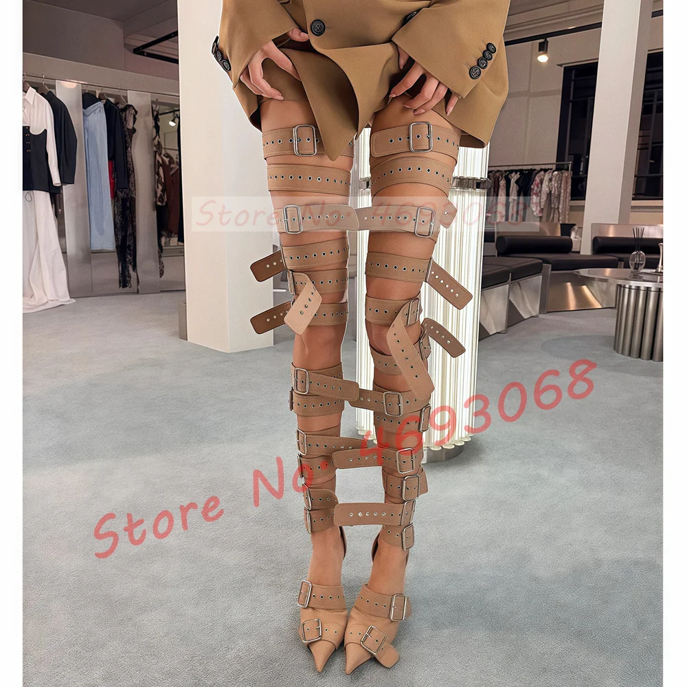 Metallic Heel Sandal - Çıplak Tokalı Askılı Diz Üstü Sandaletler