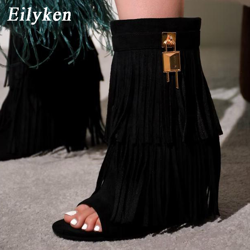 Women Shoes Boots - Eilyken Tasarımcı Saçaklı Takozlar Çizme Sandalet