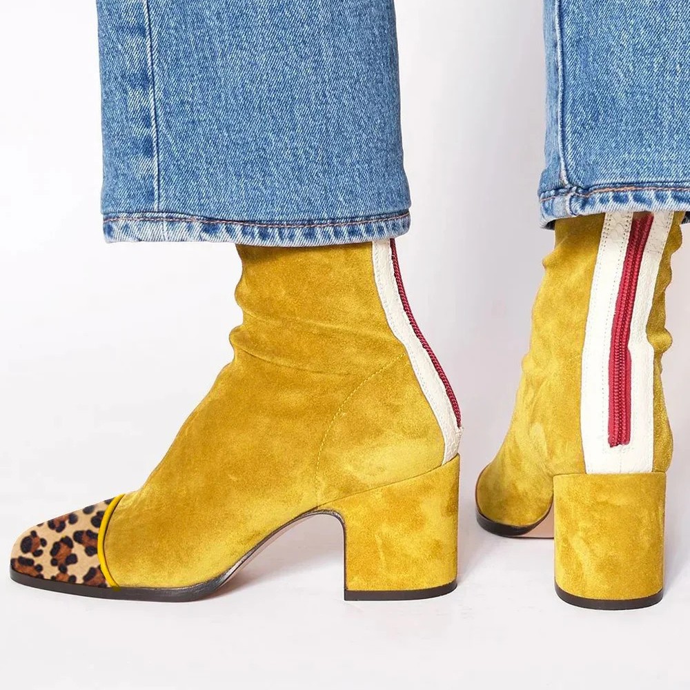 Patchwork Süet Leopar Kare Bur - Women'S Shoes Yellow incelemesi ve fiyatı